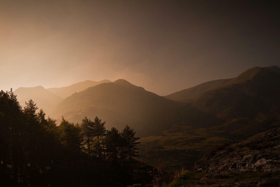 A stylised photograph of the Welsh mountains, dark and brooding with golden light and woodland in the foreground.